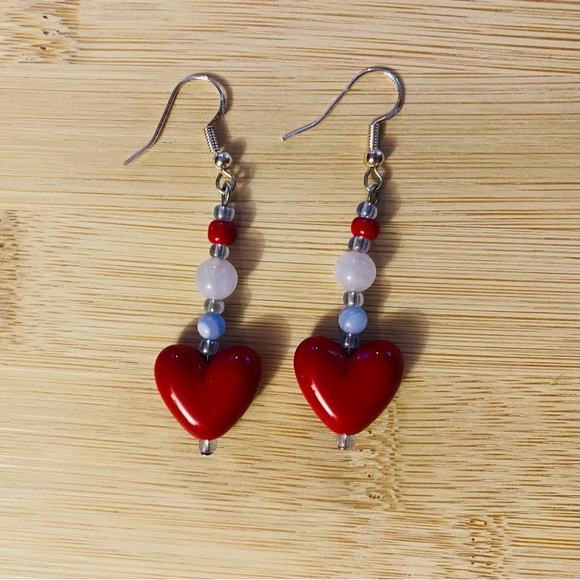 Heartthrob Earrings Heart Pendant Blue Beaded Charm Hook Drop Red Pink Bead - Picture 2 of 3